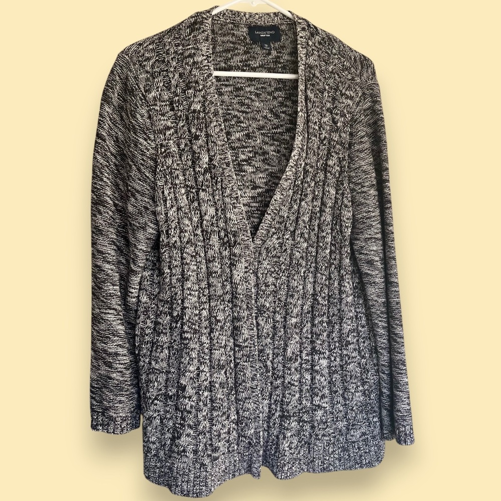 Lands' End Cotton Black/White Marled Open Front Drifter Cardigan Sz XL